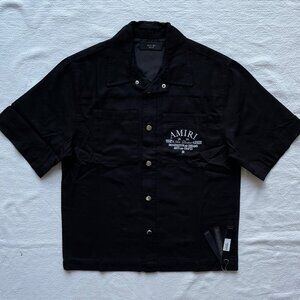 AMIRI Black Denim Short Sleeve Jacket / Shirt Logo Print Button Front Medium
